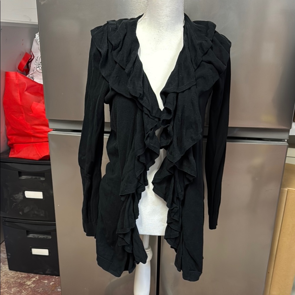 Lauren Ralph Lauren Black Ruffled Cardigan Silk and Cotton